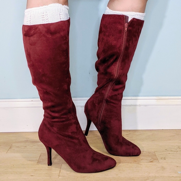 Shoes - Burgundy faux suede high heel boots 8.5